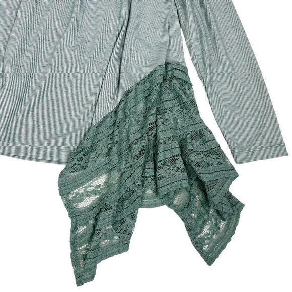 LOGO Lori Goldstein Pinstripe Lace Trim Green Knit Open Front Cardigan Medium - Picture 7 of 10